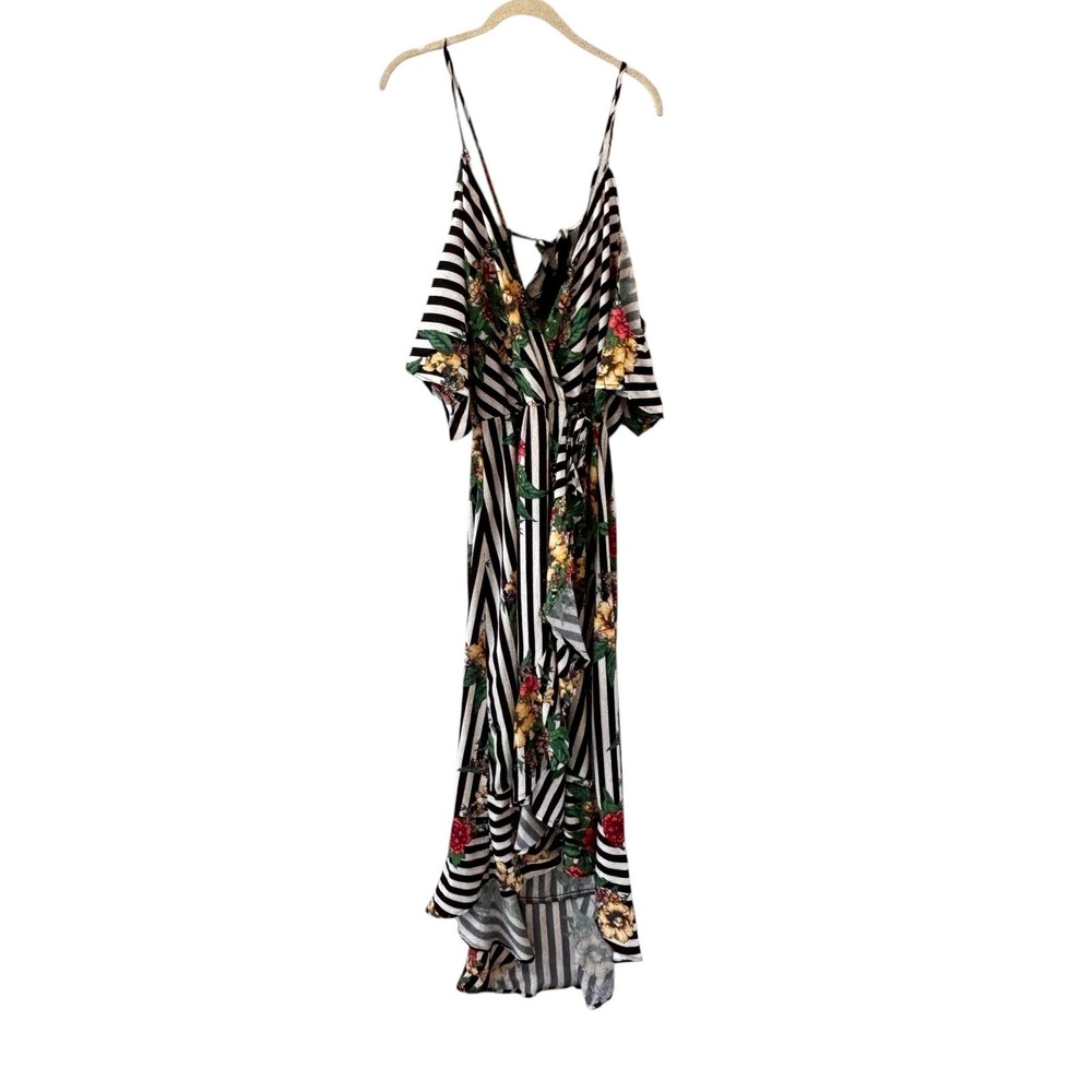 Flying Tomato Stripe Floral Wrap Maxi Dress Womens Size S Black‎ Boho Tropical